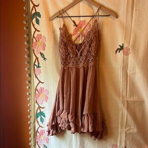 Elegant Lace Trim Brown Dress